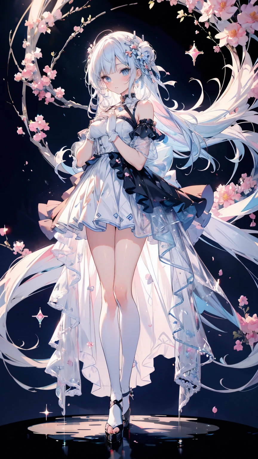 Anime girl with blue eyes and white hair, Symmetrical up and down,Daughter,Full body female love,Hands together,flowers bloom,(Very detailed:1.1),masterpiece,Super fine,best quality,8K
