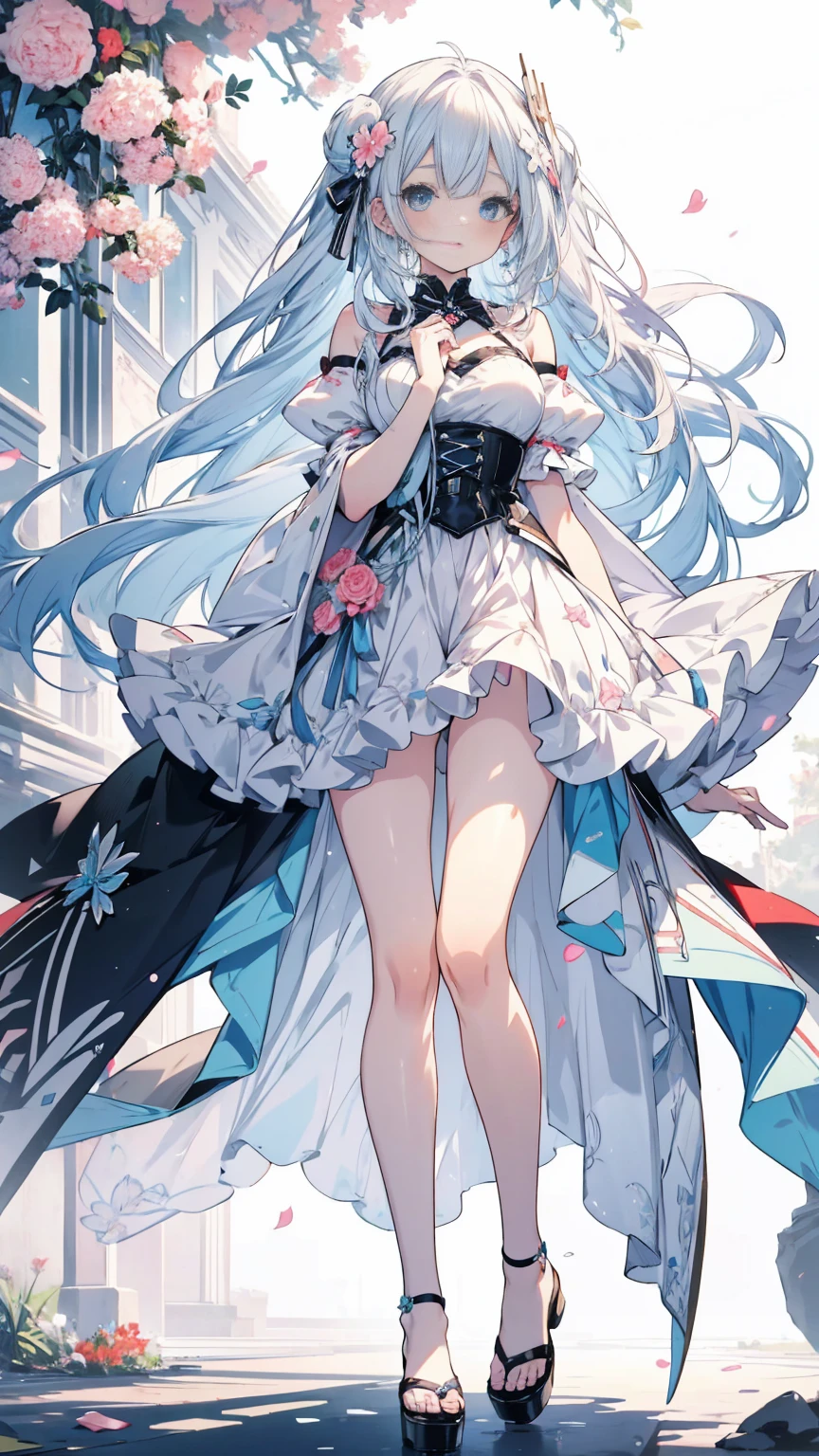 Anime girl with blue eyes and white hair, Symmetrical up and down,Daughter,Full body female love,Hands together,flowers bloom,(Very detailed:1.1),masterpiece,Super fine,best quality,8K
