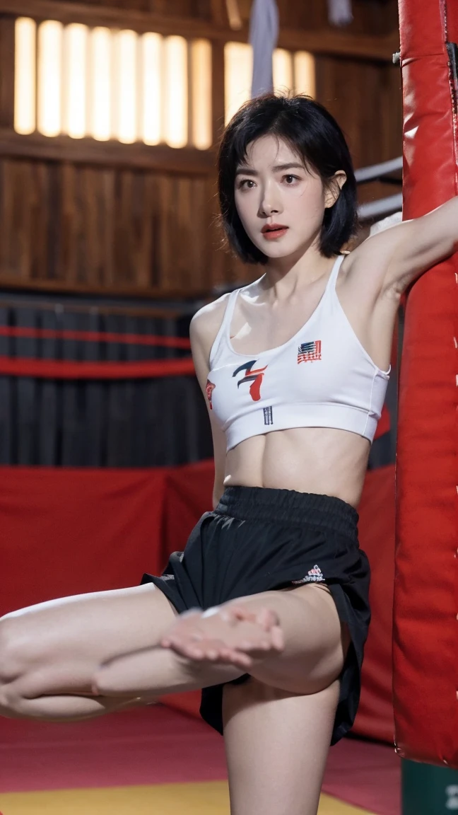 (masterpiece), best quality, expressive eyes, perfect face, HD, 4K, Thailand MMA girl, killer, tanned, (masterpiece), best quality, expressive eyes, perfect face, 1girl, beautiful face, Beauty of beauty, (shinny skin, bob cut with movement), black eyes, eyebrows, Looking at Viewer, red polyester bodysuit, smiling look, smile expression, standing in frustration, Black hair, (large swaying chest, A slender,), full body, bandage wrapped legwear, muscles, collarbone, slim waist, slim athletic build, Studio Lighting, Muaythai headband, bandage MMA gloves, Sweating, underworld fighting room, Thai face, (masterpiece), best quality, expressive eyes, perfect face, Thailand MMA girl, killer, tanned, (masterpiece), best quality, expressive eyes, perfect face, 1girl, beautiful face, Beauty of beauty, (shinny skin, bob cut with movement), black eyes, eyebrows, Looking at Viewer, red polyester, Fatigued look, bloodthirsty expression, standing in frustration, Black hair, (large swaying chest, A slender,), full body, bandage wrapped legwear, muscles, collarbone, slim waist, slim athletic build, Studio Lighting, Muaythai headband, bandage MMA gloves, Sweating, underworld fighting room, Thai face, hard knee veins, MuayThai, perfect anatomy, bandaged foot, feet, dolphin shorts, solo, cum inside, sperm inside, wet shorts, Mizuno brand clothing, kickboxing, kicking feet, kick pose, veins knee, two leg, bandages, bandage fighter, obliques, MuayThai, perfect anatomy, bandaged foot, feet, MMA shorts, solo, cum inside, sperm inside, wet shorts, kicks, Her Name, Thai face woman, bleeding, wounded, bruises, rich wealth, tanned skin, tan skin