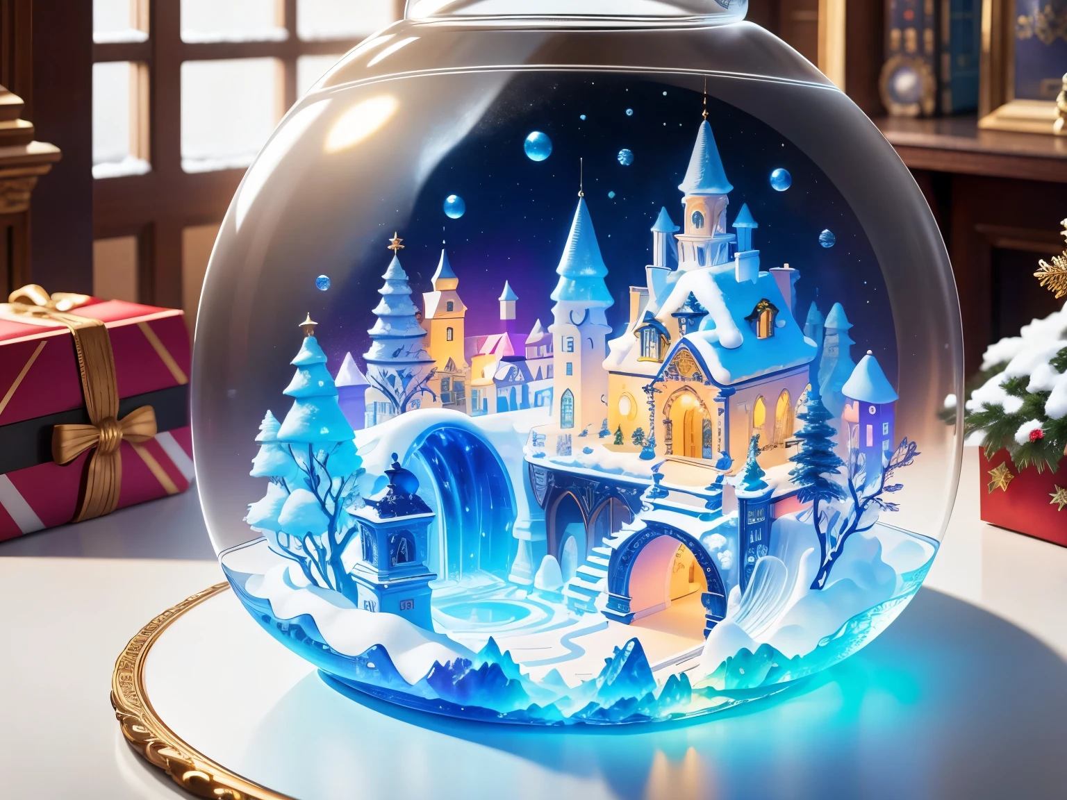 (La Highest quality,High resolution,Very detailed,Actual),A station made of jelly,snow,In the room,Christmas decorations,surrounded by Christmas presents,((A masterpiece packed with fantasy elements))), ((Highest quality)), ((Intricate details))(8K)