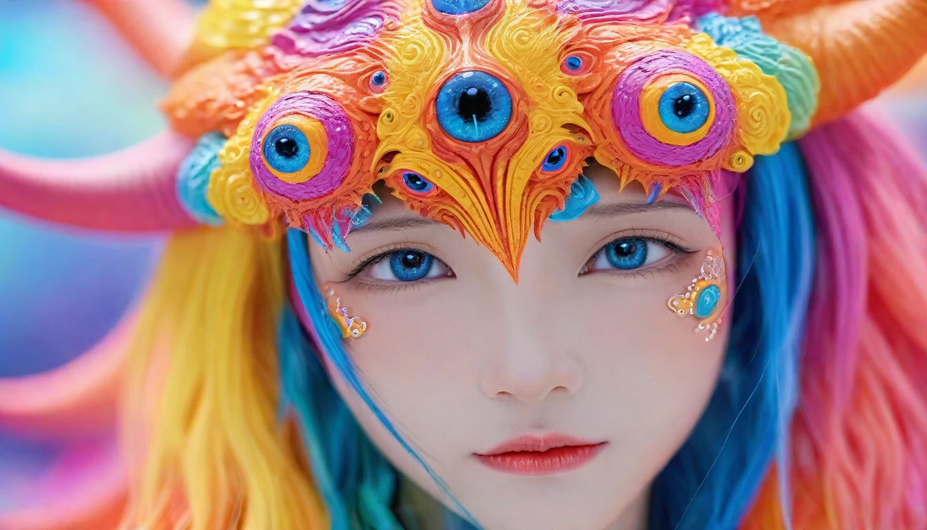 wallpaper，HD，32k， Macro-human origins, a monster creature，Look directly into the camera. This concept image has a bold outline，Rich in details, Blending reality and fractal elements. This creature is colorful., Focus on the face and eyes, Create high-quality masterpieces. 背景Rich in details，But the depth of field is shallow, Enhance the prominence of creatures in the scene.