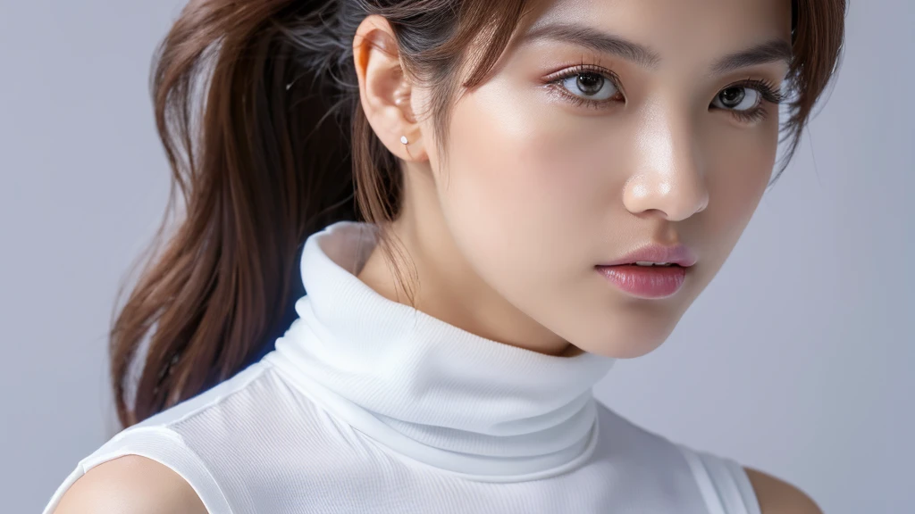 (detailed face),VIVID,normal breasts,pretty,sleeveless and turtle neck white silky clothes,4k ,super high resolution ,(photo-realistic: 1.7),white background,long hair,