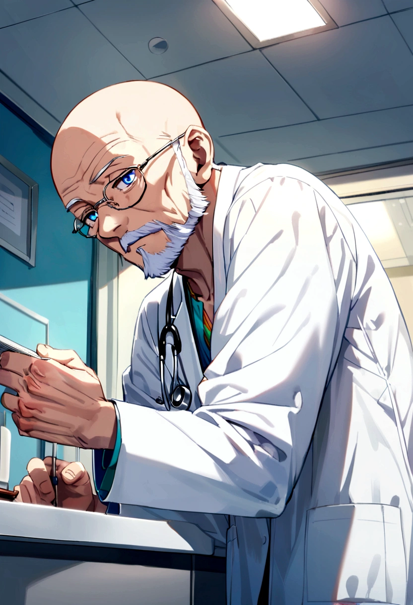 60 years old man, white hair, slightly bald, white goatee, blue eyes, white blouse, doctor
