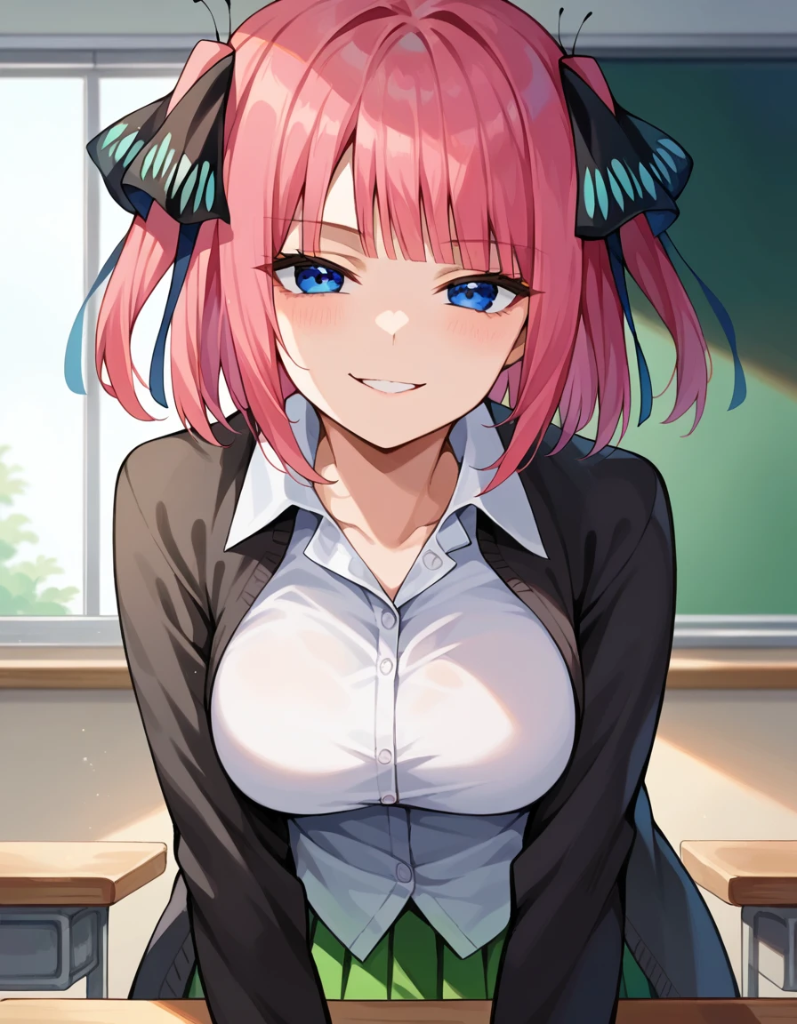 score_9, score_8_up, score_7_up, font_animated,
I was silent, nino nakano, short hair, bangs, blue eyes, hair ornament, hair ribbon, pink hair, blunt bangs, two side up, butterfly hair ornament, mature woman,
skirt, shirt, long sleeves, white shirt, pleated skirt, open clothing, collared shirt, sleeves beyond the wrists, dress shirt, cardigan, green skirt, open cardigan, black cardigan, classroom,
looking at viewer, happy, smug seductive smile, mischievous leaning forward