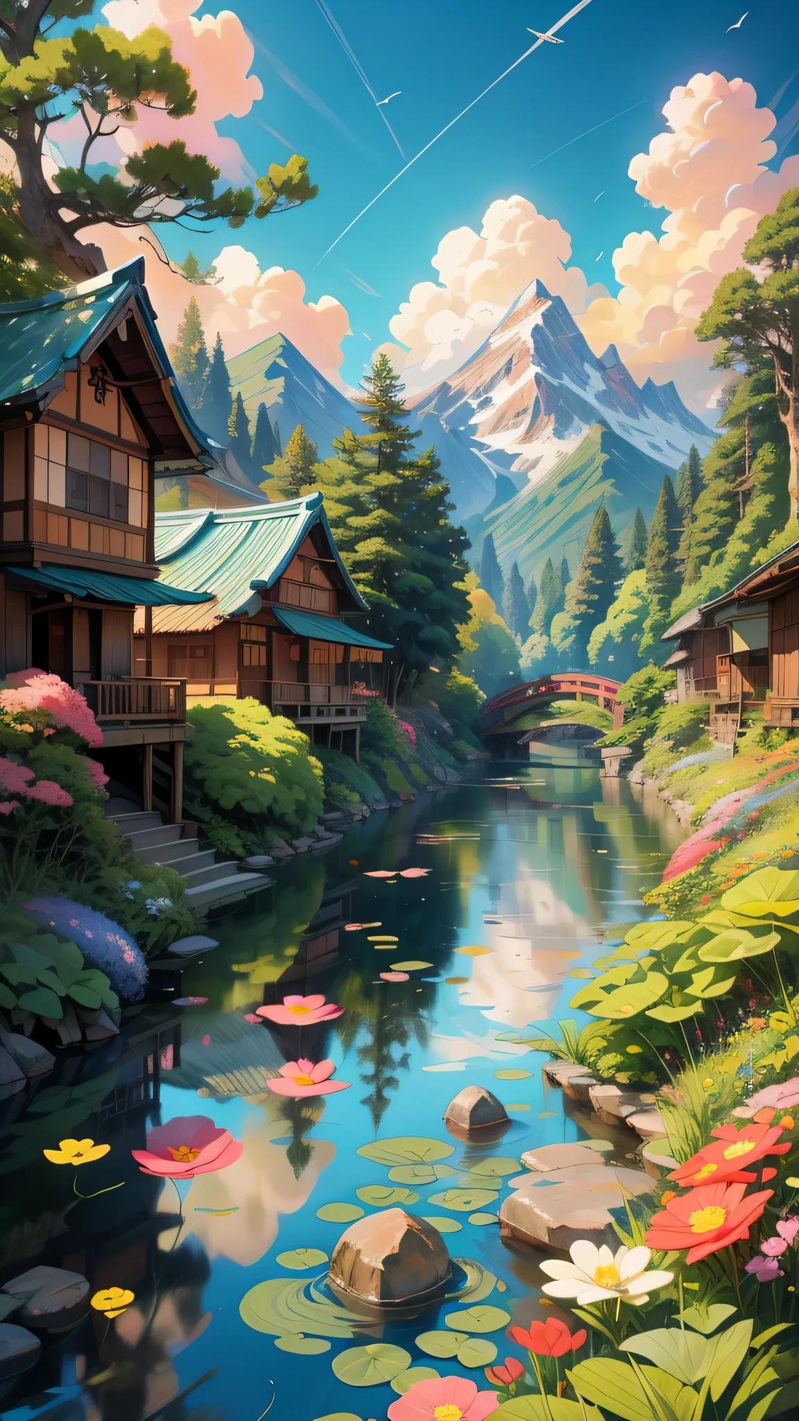 Studio Ghibli Street Art, 《The wind is blowing》Stills, multicolored flowers, river, Japanese cartoons, Japanese, Flower background, Gorgeous wallpaper, 鲜Flower background, Floral Background, Mountain background, Mountain background. author:Shinkai Makoto, Ghibli art style, 4k professional painting, game, detailed key Japanese cartoons art, illustration, A beautiful art illustration, Beautiful digital painting, Highly detailed digital painting, Beautiful digital artwork, Detailed painting 4k, Highly detailed digital painting, The colors are brilliant and rich, Gorgeous numbers