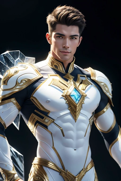 Quarter body photorealistic handsome hunky fractal masculine Helios  wearing a white with gold  transparent crystal chrome glass trimmings super suit , look at camera, detailed face parts,, studio as background, Freestyle Pose, Happy Expression, perfect anatomy, symmetric body,, 18 years old,  :: high detail, a lean athletic body, realistic, human skin, extremely detailed fingers,  chad chin,, masculine, human skin, , gorgeous, Attractive. super bulges in action . camera focus face front 