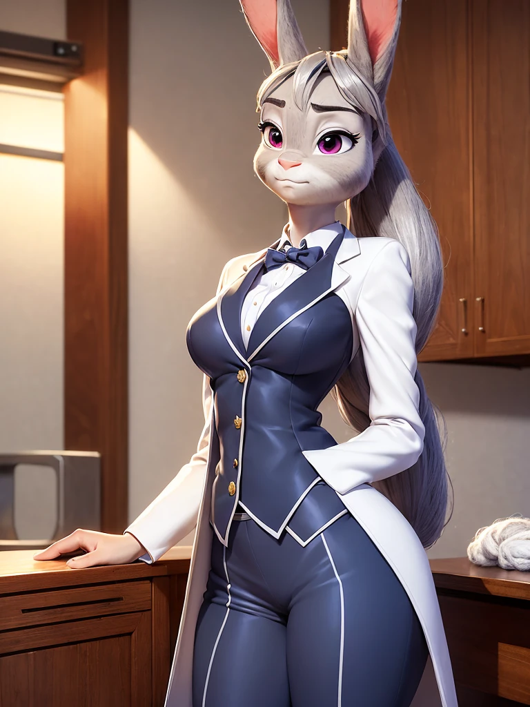best quality, masterpiece, 3D anime, (((solo))), (((1girl))),  ((Face is JudyHopps)), (long ears like a rabbit:0.8), Heir is beige ponytail style, Body is human lady, 	Navy blue business suit, Tailored jacket, White blouse, Skirt, (the suit is made of wool:1.4), suit color is {gray stripe, red, yellow, green, white, black}, ((skin is silver with fluffy and fluffy)), (portrait view), In the background there is a office space, Her expression shows subtle makeup, with a sense of nervousness and determination, ((A nervous expression))