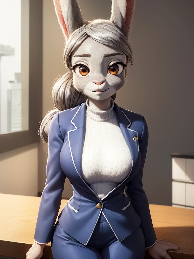 best quality, masterpiece, 3D anime, (((solo))), (((1girl))), ((Face is JudyHopps)), (long ears like a rabbit:0.8), Heir is beige ponytail style, Body is human lady, Navy blue business suit, Tailored jacket, White blouse, Skirt, (the suit is made of wool:1.4), suit color is {gray stripe, red, yellow, green, white, black}, ((skin is silver with fluffy and fluffy)), (portrait view), In the background there is a office space, Her expression shows subtle makeup, with a sense of nervousness and determination, ((A nervous expression))
