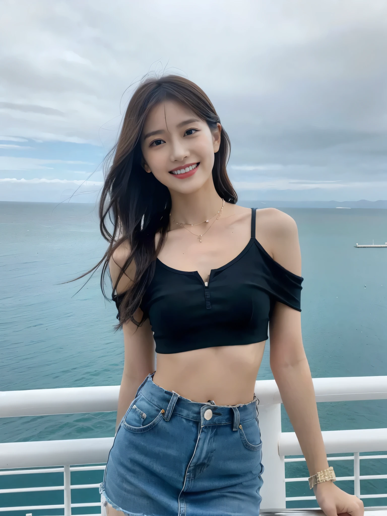 Cowboy lens，(Good structure)，SLR quality，Short skirt，Blue sky，White Cloud，ocean，girl，Solo flight，Midriff-baring tops，necklace，Midriff-baring tops，Midriff-baring tops，Midriff-baring tops，Off-shoulder top，Off-shoulder，Black necklace，thigh，abdomen，Long hair，bracelet，Short sleeve，Ribbon，Lift up，clavicle，Headband，Hair accessories，Thigh gap，necklace，Poker face，Kind smile