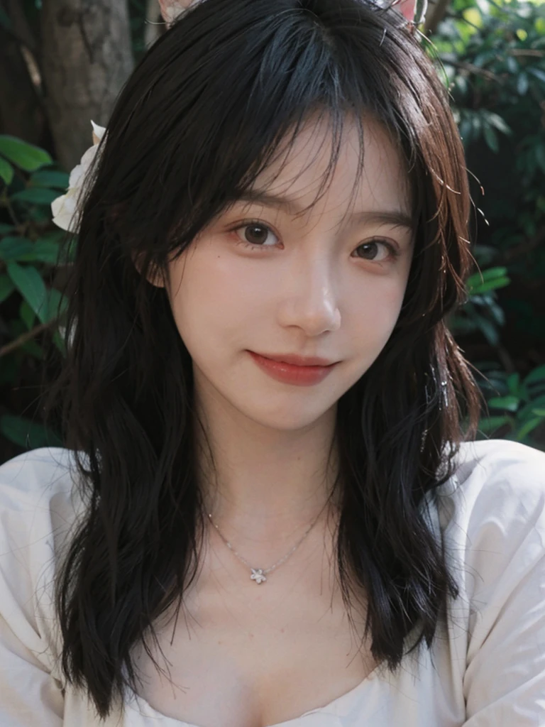best quality， ultra high resolution， （realistically：1.4）， Cute tiara，Baoyu Girl， A pair of clear and charming peach blossom eyes,Royal sister，The sun shines on the face，Long curly hair，（In the forest：1.4），（necklace：1.2），（White skin：1.4），（Full body female love：1.2）a sense of atmosphere，a beautiful girl， Smile，Looking directly at the viewer， Close-up cleavage ，(lifelike:1.4),1 girl,Sexy,(Upper body:1.4),(wet),(:1.2)