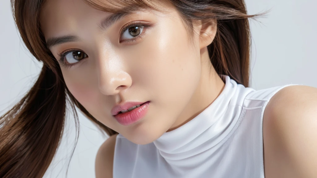 (detailed face),VIVID,normal breasts,pretty,sleeveless and turtle neck white silky clothes,4k ,super high resolution ,(photo-realistic: 1.7),white background,long hair,
