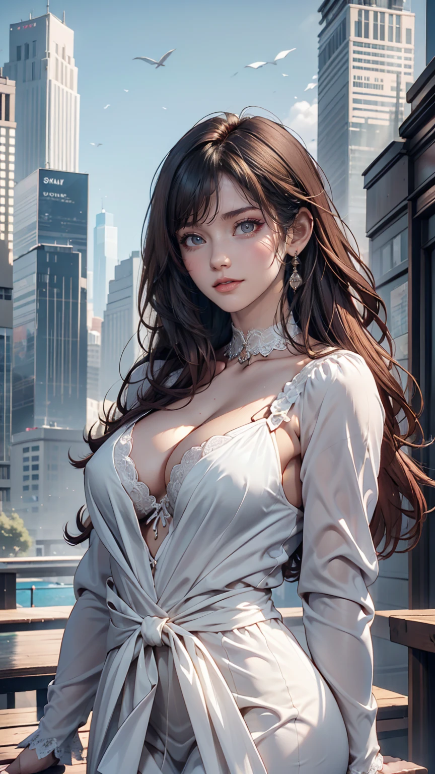 24-year-old woman、Sexy proportions、Narrow waist、slender、Sexy、Multi-colored hair、High-necked lace dress、Long sleeves（Covered to the fingertips）、Longer length、Touching your hair、Background of skyscrapers so tall you can look up、Mid-chest