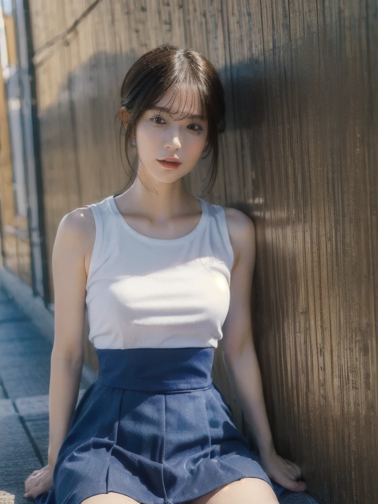 (((best quality, 8 thousand, masterpiece:1.4))), (20세 female), masterpiece, separate, Highres, High_quality, Street Background, Tanktop, Mini Skirt, Breast, Slim Thigh, Midday.