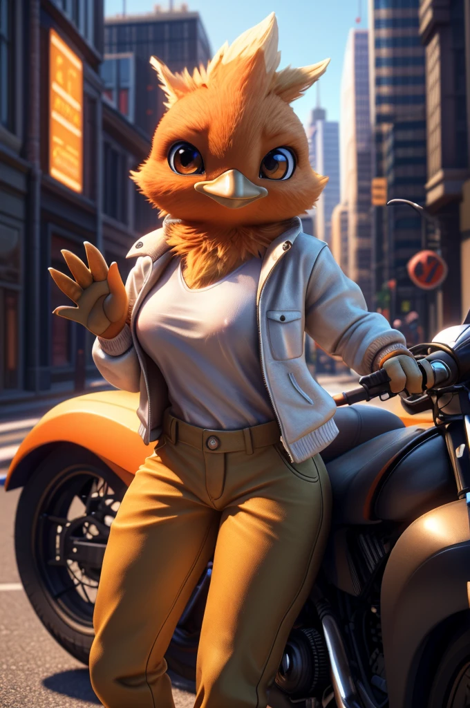male, bird, Torchic, background, (cinematic lighting:1.1), (perfect focus:1.1), 8k hd, (detailed eyes:1.2),depth of field, bokeh, subsurface scattering, perfect breasts, wide ,((Elegant white shirt jacket with the "LWH" logo and elegant pants)),bright colors, (furry detail:1.3),detailed background, realistic, photorealistic, ultra realistic,( in a fictional roblox city ),realistic, photorealistic ,smile cute,(fluffy:1.3), furry, buff, (realistic fur:1.1), (extreme fur detail:1.2),((light orange fur)),(Black pupil, brown eyes,pixar style eyes),Torchic tail,3d pixar legs, with pectorals,brighter colors,Skinny body, waving to the viewer from a roblox motorcycle.