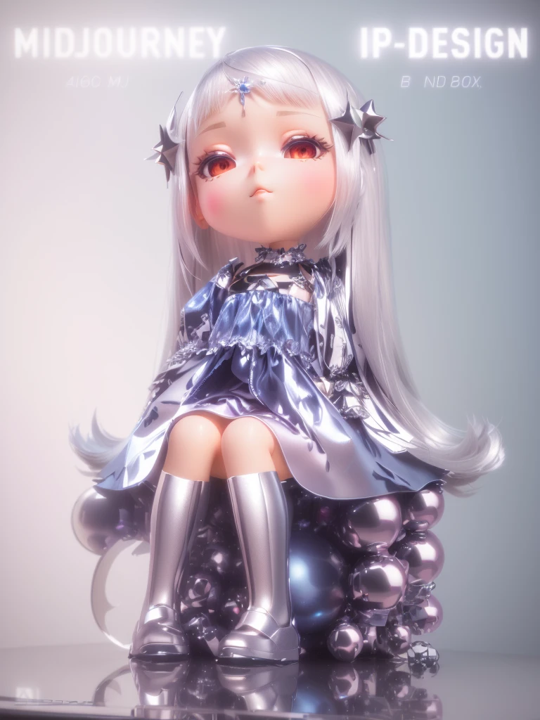 Close-up：A doll sitting on the table，There are a bunch of balls next to it., Rendering a cute 3D anime girl, Anime style 3d, Cute 3d rendering, 3D rendering style, Cartoon Rendering Keyshot, girl silver hair, Silver-haired girl, 3D Rendering Character Art 8k, Stylized anime, Stylized 3D, high detail iconic character