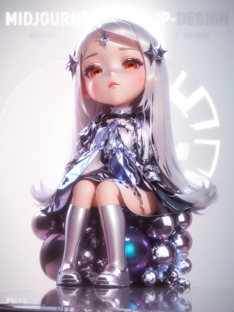 Close-up：A doll sitting on the table，There are a bunch of  next to it., Rendering a cute 3D anime girl, Anime style 3d, Cute 3d rendering, 3D rendering style, Cartoon Rendering Keyshot, girl silver hair, Silver-haired girl, 3D Rendering Character Art 8k, Stylized anime, Stylized 3D, high detail iconic character