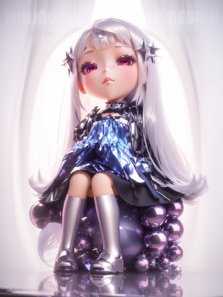Close-up：A doll sitting on the table，There are a bunch of balls next to it., Rendering a cute 3D anime girl, Anime style 3d, Cute 3d rendering, 3D rendering style, Cartoon Rendering Keyshot, girl silver hair, Silver-haired girl, 3D Rendering Character Art 8k, Stylized anime, Stylized 3D, high detail iconic character