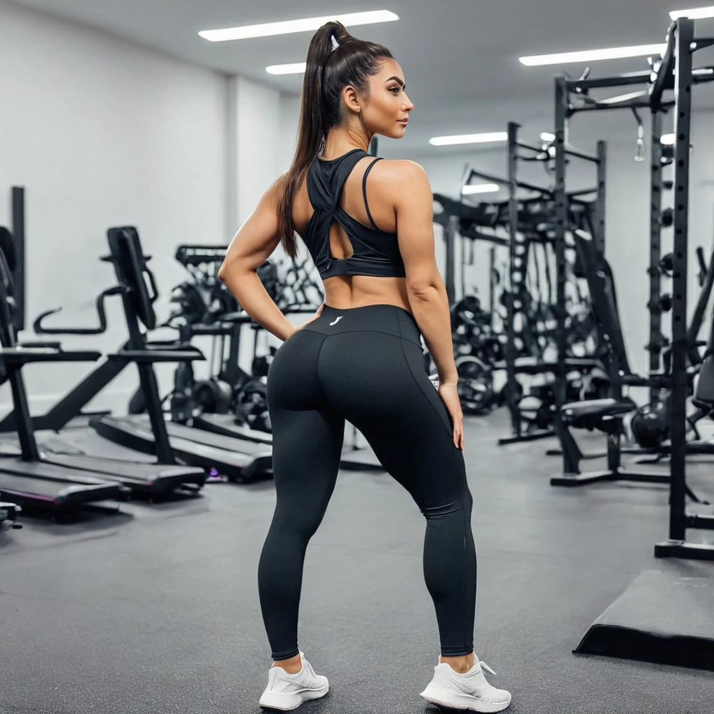 Armenian fit booty girl in leggings and top showing back pose, looking back, emphasis on booty