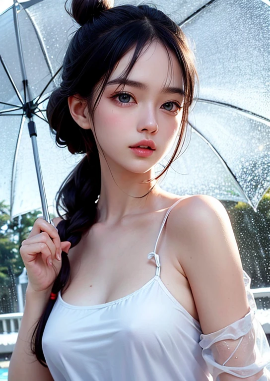 (((Upper body shot,Close-up photo)))、(((long hair,Bun hairstyle)))、(((Rainy Day,get wet)))、(((White summer chiffon shirt,get wet雪紡衫)))、18 years old、angry、girl、Plump breasts、Point on chest、Penetrating breasts、Showing nipples、Light eye makeup、Ultra-realistic faces、High resolution 16K、Skin texture must be natural、Use natural light and color、 High-quality photos taken by model agencies.