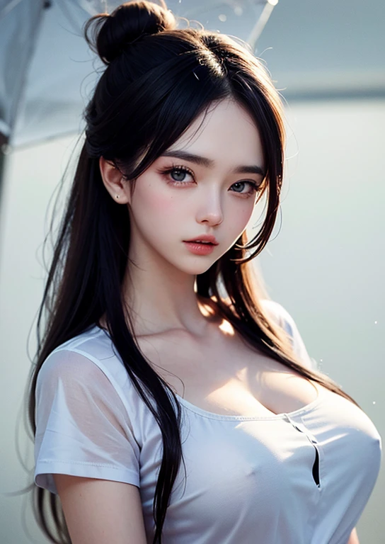 (((Upper body shot,Close-up photo)))、(((long hair,Bun hairstyle)))、(((Rainy Day,get wet)))、(((White summer chiffon shirt,get wet雪紡衫)))、18 years old、angry、girl、Plump breasts、Point on chest、Penetrating breasts、Showing nipples、Light eye makeup、Ultra-realistic faces、High resolution 16K、Skin texture must be natural、Use natural light and color、 High-quality photos taken by model agencies.
