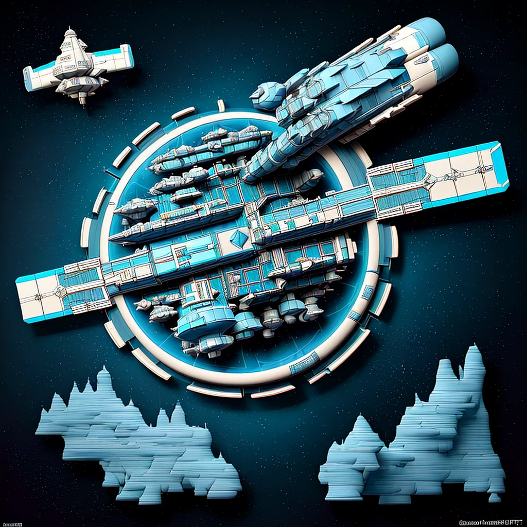 there is a drawing of a space station with a satellite, industrial humanity spaceship, symmetrical outpost, orbital station, blueprint of a spaceship, detailed spacecraft, blueprint of spaceship, hexagonal planetary space base, spaceship design, scifi space station, space station, cargo spaceships, blueprint schematics, detailed spaceship, scifi platform, background space station, spaceship hangar