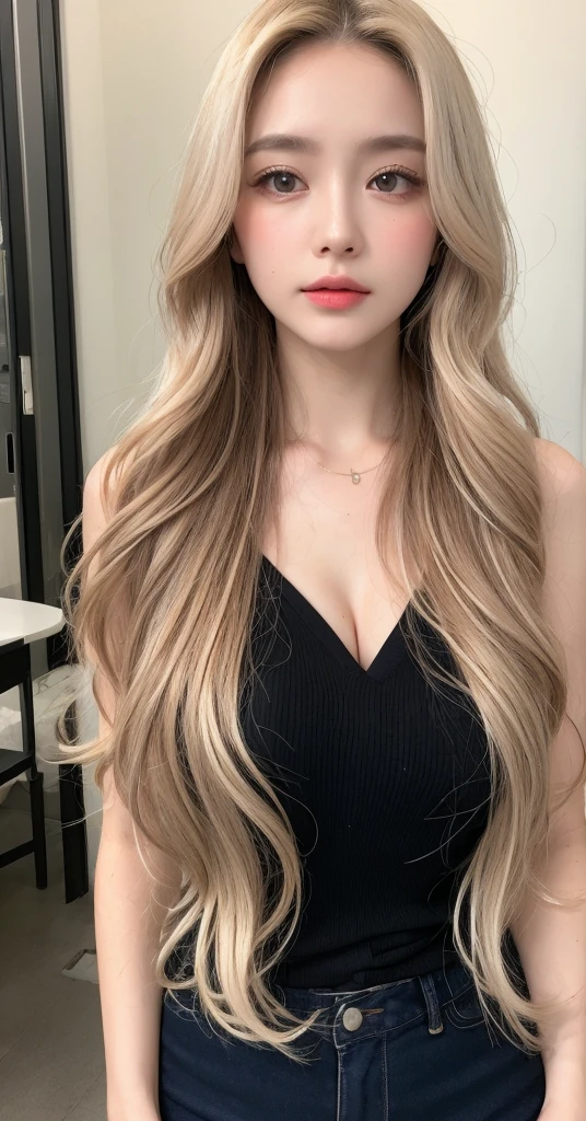 8k, Top image quality、Raw photography、超A high resolution、1 pretty girl, 18-year-old, Korean、Glasses beauty、Colossal tits:1.3、cleavage of the breast:1.3 、(transparent)、open shirt show   , ((naked)), (detailed  clothing), (detailed ), fair white skin、shiny white skin、(wavy blonde hair)、dark brown hair、dark brown hair、Beautiful eyes with random colors、very thin lips, finely detail、elongated eyes、pale pink blush、long eyeslashes、Beautiful double eyelids、eyeshadows、耳Nipple Ring、Company Office、Lighting that emphasizes beautiful skin、Lustrous skin