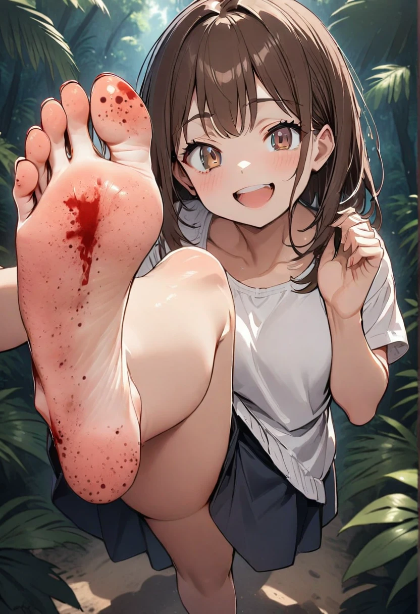 young girl, shot from below, one foot up, presenting foot to viewer, about to step on viewer, laughing, long brown hair and brown eyes, casual clothes, in the jungle, standin on one leg, standing above viewer, tiny red spots on her sole, blood spots on sole
