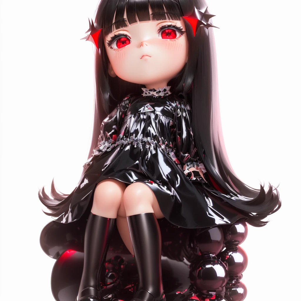 a super cute with long black hair and satin dress, handing a red oil-paper umbrella, chibi, Chrome, full body, Popmart blind box, IP design, 3d rendering, ultra-detailed, white background, no headphones, 3d, c4d, soft lights, 16K, masterpiece, Medium Long View