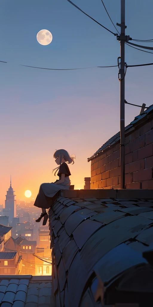 a girl sitting on top of a brick wall, roof background, sits on a rooftop, girl sitting on a rooftop, in a rooftop, anime atmospheric, rooftop romantic, sad lonely mellow vibes, standing on rooftop, watching the sun set. anime, looking at the moon, standing on a rooftop, night background, in front of the moon, rooftop
