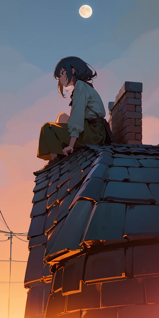 a girl sitting on top of a brick wall, roof background, sits on a rooftop, girl sitting on a rooftop, in a rooftop, anime atmospheric, rooftop romantic, sad lonely mellow vibes, standing on rooftop, watching the sun set. anime, looking at the moon, standing on a rooftop, night background, in front of the moon, rooftop