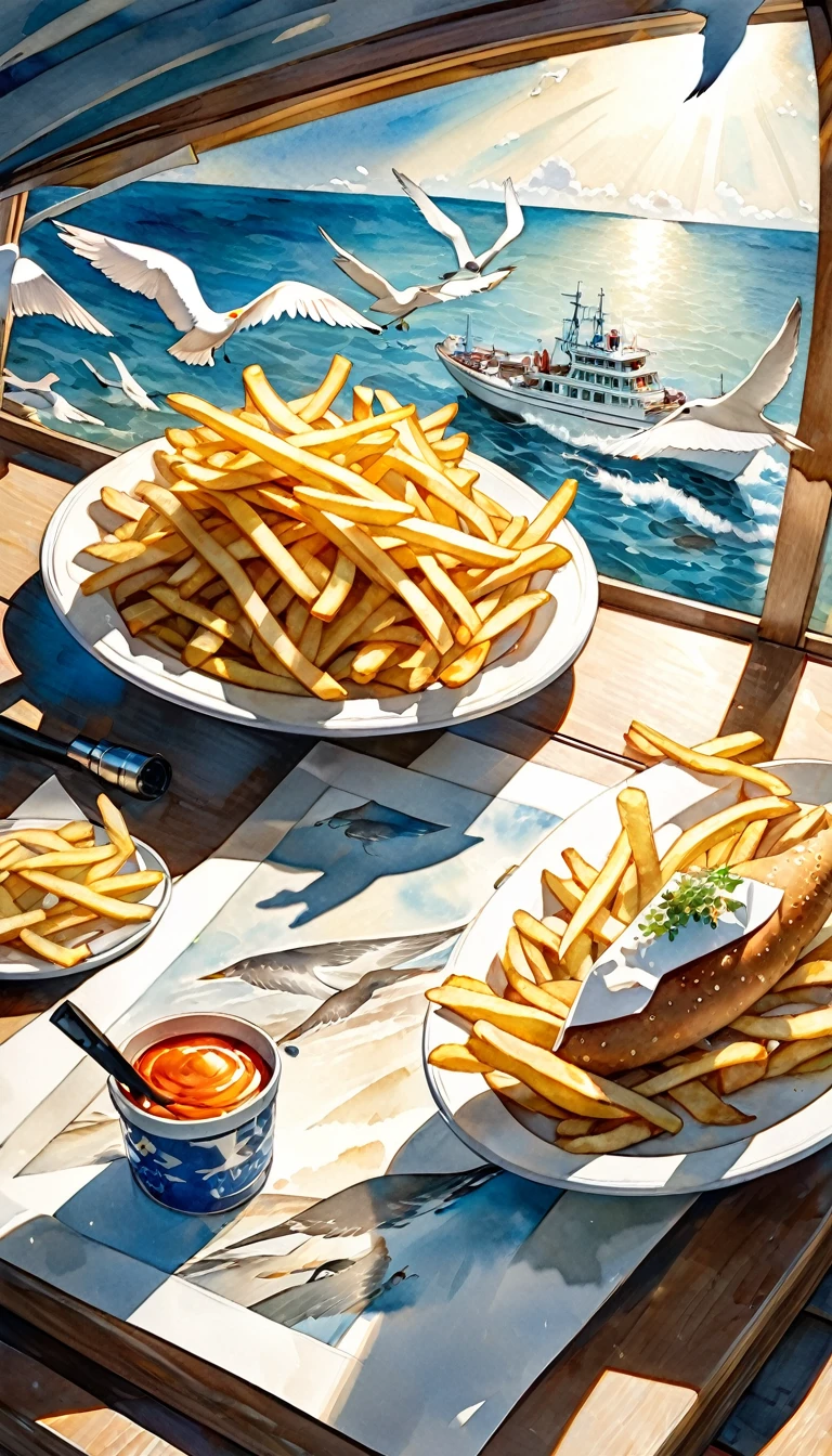 best quality, very good, 16K, Extremely detailed, 2.5D, delicate and dynamic, On a sea cruiser, Eating French fries,Observing seagulls through binoculars, Fusion of watercolor and oil painting, Fusion of paper cutting and shadow play, Three-dimensional effect through light and shadow, eye-catching effect, wind, wind effects
