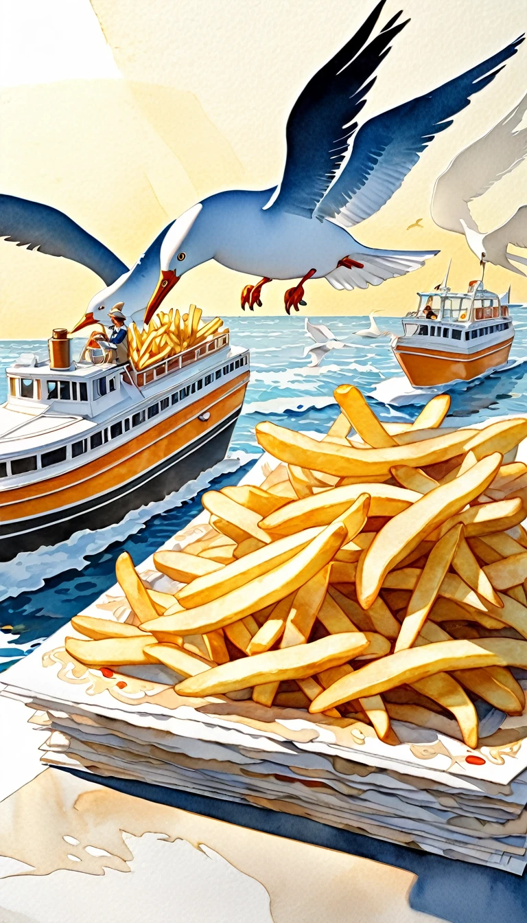 best quality, very good, 16K, Extremely detailed, 2.5D, delicate and dynamic, On a sea cruiser, Eating French fries,Observing seagulls through binoculars, Fusion of watercolor and oil painting, Fusion of paper cutting and shadow play, Three-dimensional effect through light and shadow, eye-catching effect, wind, wind effects
