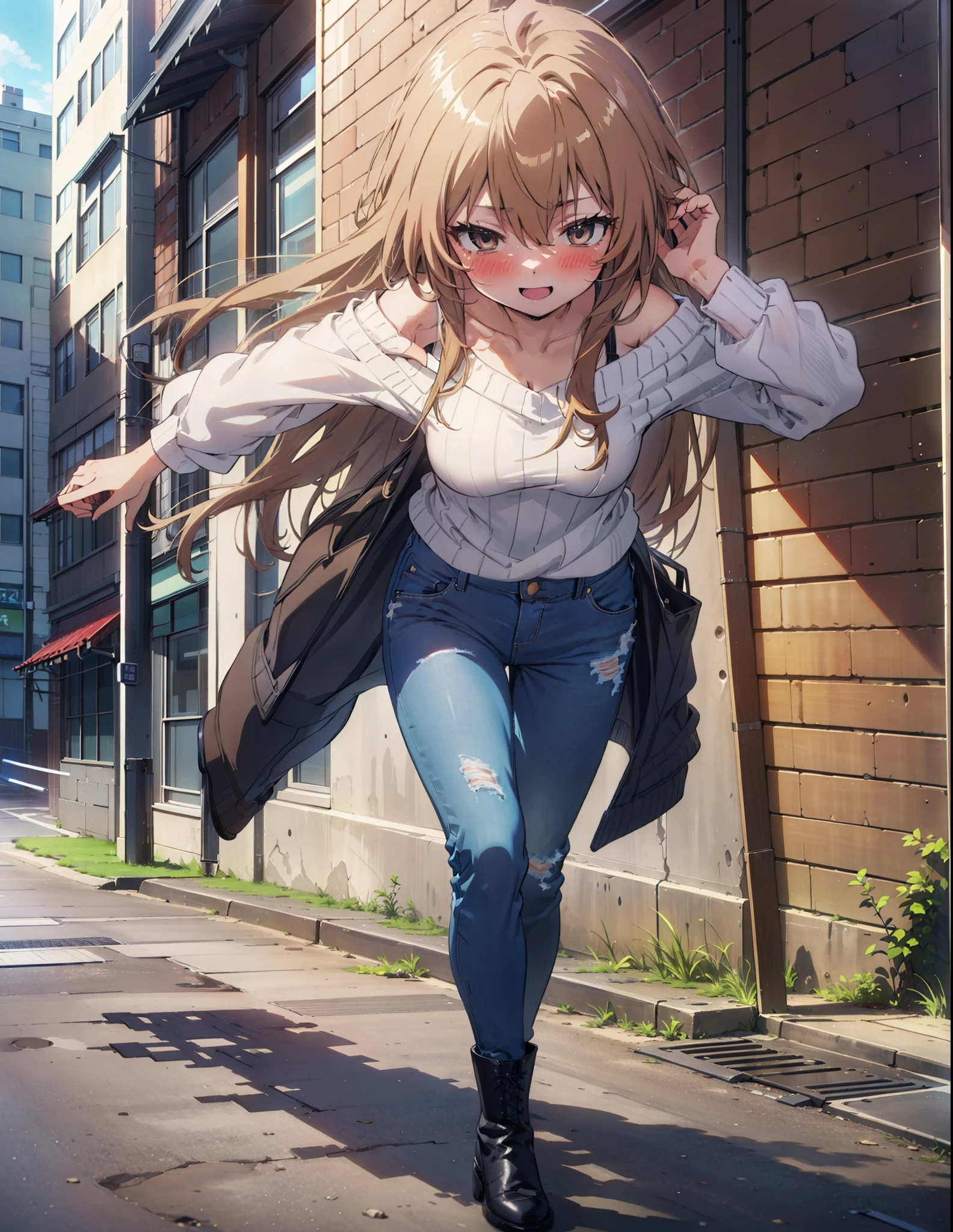 Taiga Aisaka, taiga aisaka, Long Hair, Brown Hair, Brown eyes,happy smile, smile, Open your mouth,One-shoulder sweater,Skinny jeans,short boots,Daytime,Clear skies,Walking,whole bodyがイラストに入るように,
break outdoors, Building district,
break looking at viewer, whole body,
break (masterpiece:1.2), Highest quality, High resolution, unity 8k wallpaper, (shape:0.8), (Beautiful attention to detail:1.6), Highly detailed face, Perfect lighting, Extremely detailed CG, (Perfect hands, Perfect Anatomy),