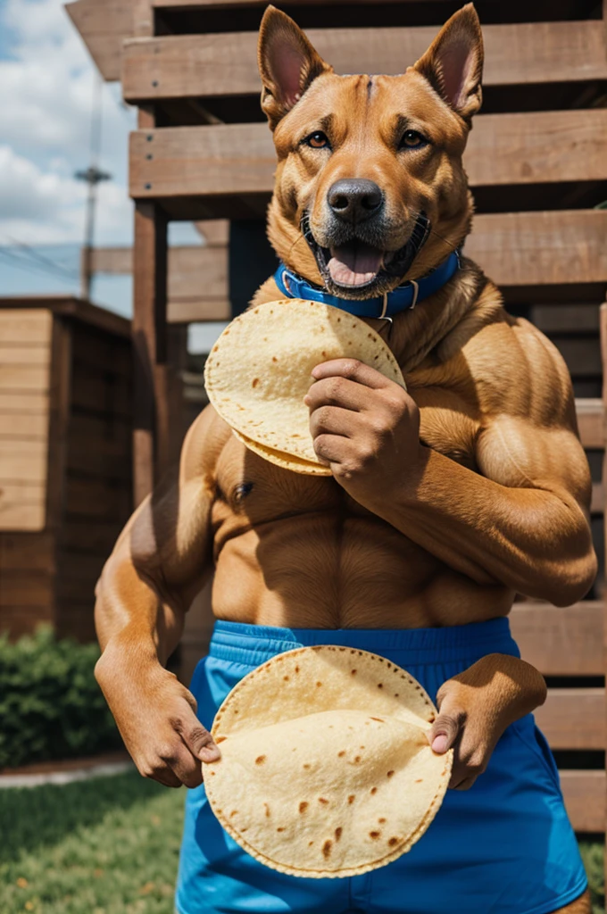 Super buff dog holding taco
