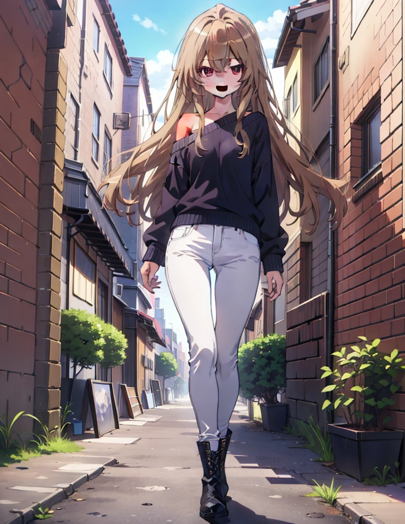 Taiga Aisaka, taiga aisaka, Long Hair, Brown Hair, Brown eyes,happy smile, smile, Open your mouth,One-shoulder sweater,Skinny jeans,short boots,Daytime,Clear skies,Walking,whole bodyがイラストに入るように,
break outdoors, Building district,
break looking at viewer, whole body,
break (masterpiece:1.2), Highest quality, High resolution, unity 8k wallpaper, (shape:0.8), (Beautiful attention to detail:1.6), Highly detailed face, Perfect lighting, Extremely detailed CG, (Perfect hands, Perfect Anatomy),
