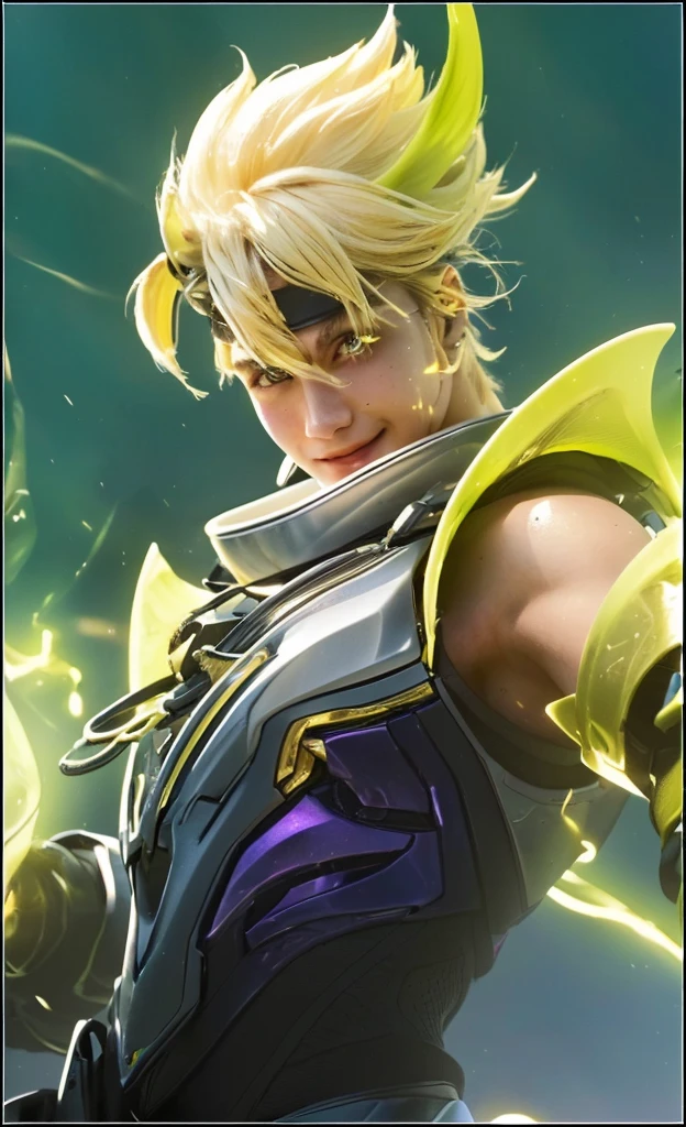 1boy, close up portrait, detailed eyes, detailed lips, extremely detailed face, smiling, yellow hair, flowing hair, sunlight, bright sunny day, soft lighting, warm colors, (best quality,4k,8k,highres,masterpiece:1.2),ultra-detailed,(realistic,photorealistic,photo-realistic:1.37),portrait,natural lighting,vibrant colors,detailed skin texture,glowing skin
