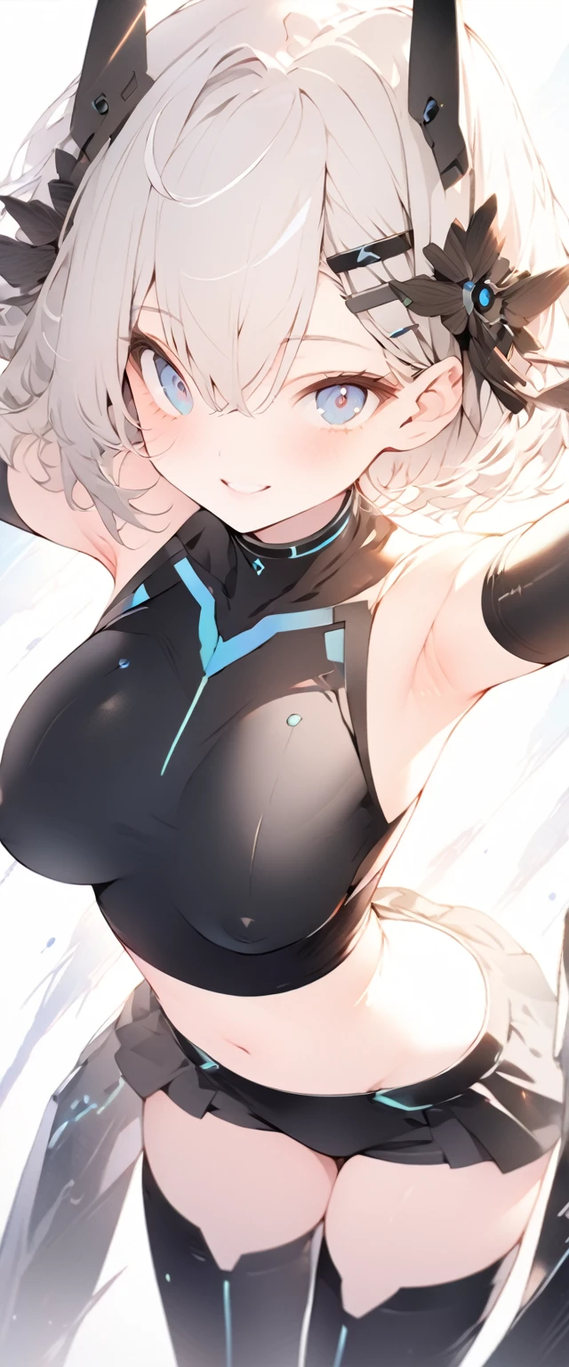 beautiful, masterpiece, Highest quality, anime, One girl, C Cup,Portrait Shot, View your viewers, Covered、Short Hair、nearby、Blue Eyes、art、、White hair,Blue streaked hair、wallpaper、hairpin、Thighs、navel、Floating sci-fi hair accessories、Sci-fi knee-high boots、Cute、Sci-fi underskirt、Sci-fi combat uniform、smile、tits、hand up、Armpit、Armpit汗