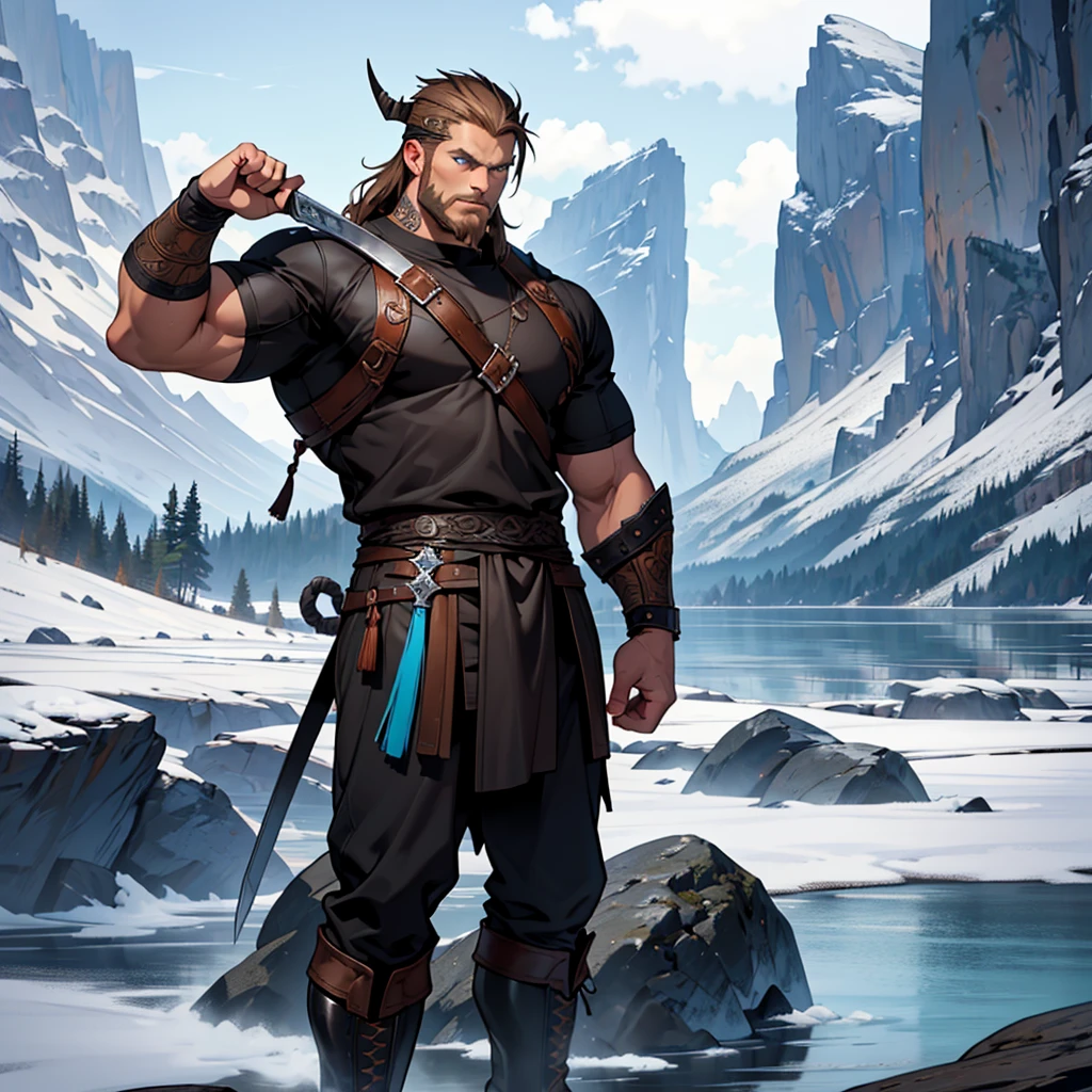 Vector design one black tatto Viking left arm, a full body muscular Viking man, muscular legs, holding just one big Viking sword in his right hand, perfect hands, brown hair parted with bangs, perfect realistic blue eyes, wearing warrior leather boot, wearing warrior boots, lake and mountains in the background.
