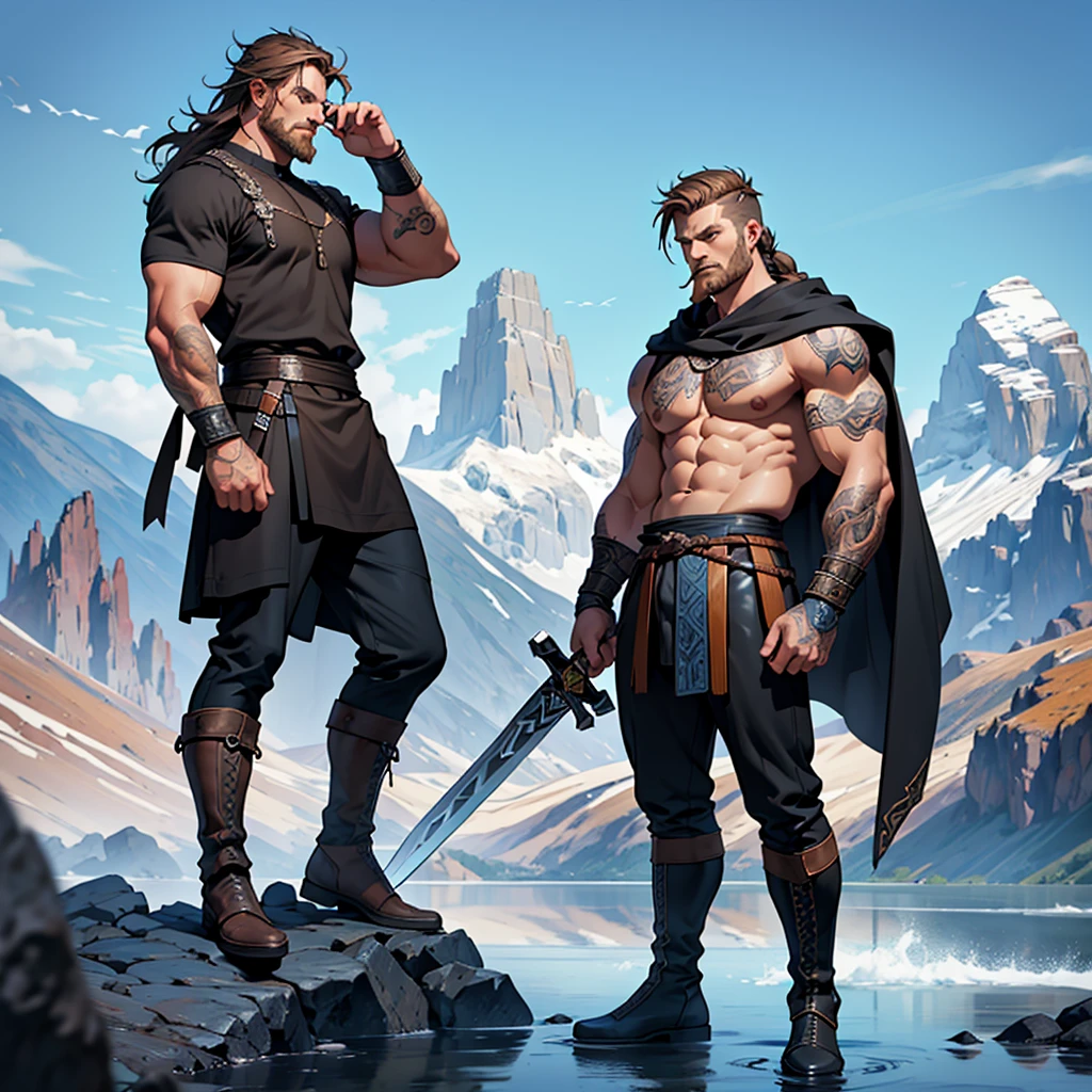 Vector design one black tatto Viking left arm, a full body muscular Viking man, muscular legs, holding just one big Viking sword in his right hand, perfect hands, brown hair parted with bangs, perfect realistic blue eyes, wearing warrior leather boot, wearing warrior boots, lake and mountains in the background.
