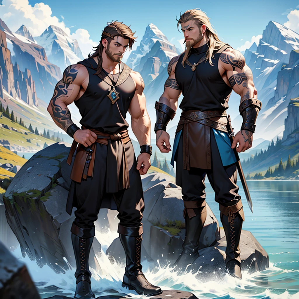 Vector design one black tatto Viking left arm, a full body muscular Viking man, muscular legs, holding just one big Viking sword in his right hand, perfect hands, brown hair parted with bangs, perfect realistic blue eyes, wearing warrior leather boot, wearing warrior boots, lake and mountains in the background.
