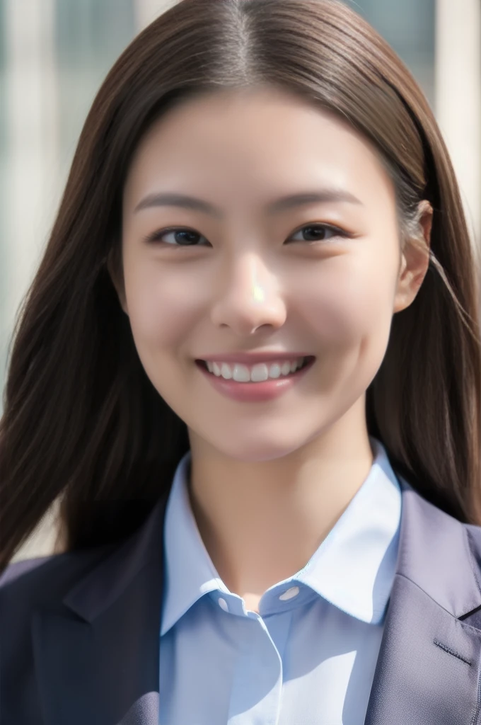 Married Woman's Face、30 years old、Middle-aged women、Business jacket、Close-up of face、High quality、Ultra-realistic、A cheerful smile、Married woman&#39;s body type、Japanese Wife、 Perfect Eyes、Radiant Skin、Tokyo Station