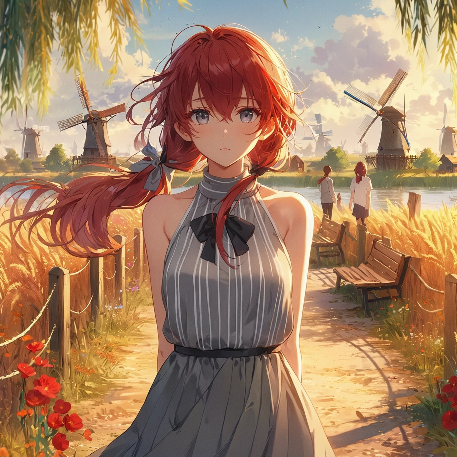 Highest Quality, masterpiece, golden field, distant windmills, gray eyes, red hair in low twin tails, swept bangs, stoic, looking at flowers, speeveless gray top, skirt, black boots, fence, willow trees, swamp, dusk, colorful flowers, clouds, people in background, anime