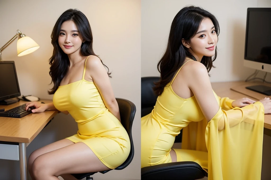 A beautiful woman standing in a working office, Wearing ( yellow short silk dress with perfect fit), Very cute face, bright face, and very pretty eyes, Long black hair, 、 body, Long , thick thighs, Front view, full body, photo poses, Slim and body, Tall and expensive woman, correct Anatomically, smile and looking at viewer, office room, computer, working desk, lamp,