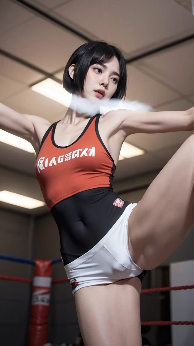 (masterpiece), best quality, expressive eyes, perfect face, HD, 4K, Thailand MMA girl, killer, tanned, (masterpiece), best quality, expressive eyes, perfect face, 1girl, beautiful face, Beauty of beauty, (shinny skin, bob cut with movement), black eyes, eyebrows, Looking at Viewer, red polyester bodysuit, smiling look, smile expression, standing in frustration, Black hair, (large swaying chest, A slender,), full body, bandage wrapped legwear, muscles, collarbone, slim waist, slim athletic build, Studio Lighting, Muaythai headband, bandage MMA gloves, Sweating, underworld fighting room, Thai face, (masterpiece), best quality, expressive eyes, perfect face, Thailand MMA girl, killer, tanned, (masterpiece), best quality, expressive eyes, perfect face, 1girl, beautiful face, Beauty of beauty, (shinny skin, bob cut with movement), black eyes, eyebrows, Looking at Viewer, red polyester, Fatigued look, bloodthirsty expression, standing in frustration, Black hair, (large swaying chest, A slender,), full body, bandage wrapped legwear, muscles, collarbone, slim waist, slim athletic build, Studio Lighting, Muaythai headband, bandage MMA gloves, Sweating, underworld fighting room, Thai face, hard knee veins, MuayThai, perfect anatomy, bandaged foot, feet, dolphin shorts, solo, cum inside, sperm inside, wet shorts, Mizuno brand clothing, kickboxing, kicking feet, kick pose, veins knee, two leg, bandages, bandage fighter, obliques, MuayThai, perfect anatomy, bandaged foot, feet, MMA shorts, solo, cum inside, sperm inside, wet shorts, kicks, Her Name, Thai face woman, bleeding, wounded, bruises, rich wealth, tanned skin, tan skin