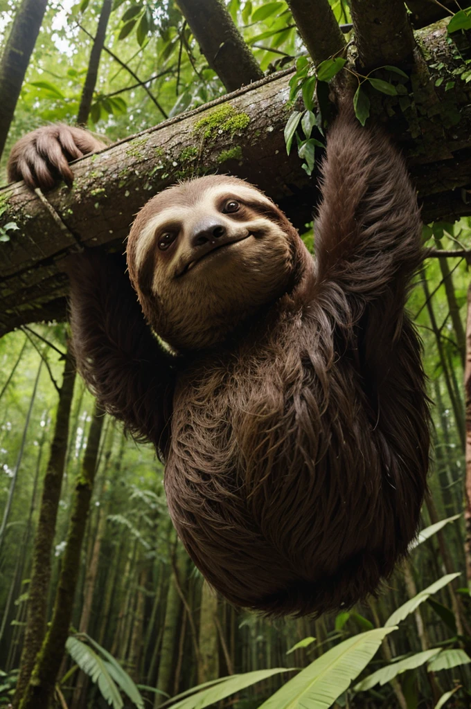 A sloth is finding something in forest

