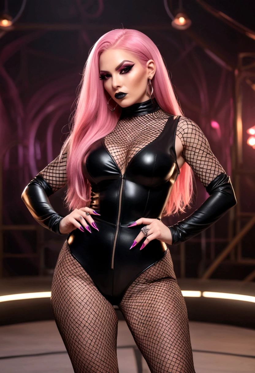 araffe woman in a black outfit posing in a ring, inspired by Ion Andreescu, fishnets, holding a pudica pose, pudica pose, chrome outfit, sinister pose, intimidating pose, photo from 2022, with acrylic nails, long and straight pink hair, sexy, dominant, hot, pretty, curvy body, sexy pudica pose gesture, tanny skin, badass pose, new character, spellcasting pose,