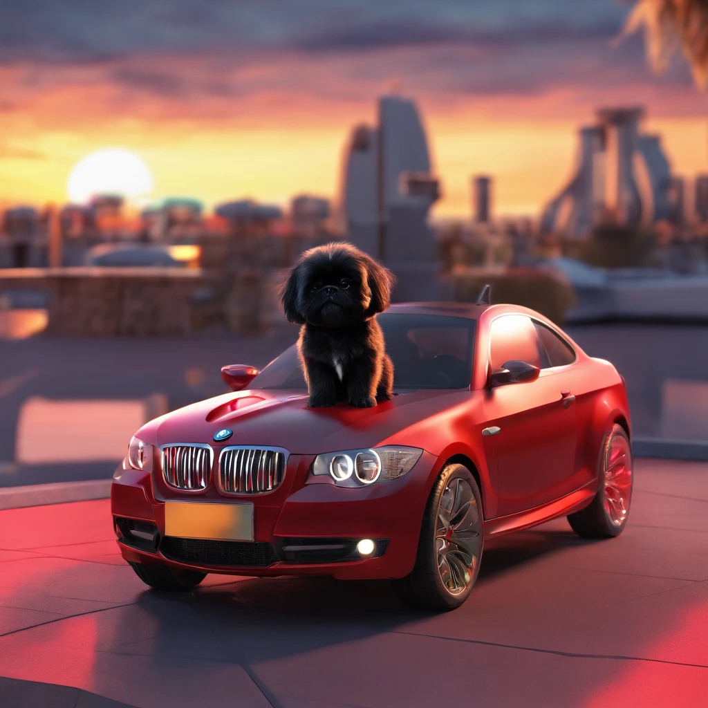 2 small adorable black shih tzus wearing red sunglasses in a new BMW sunset in background