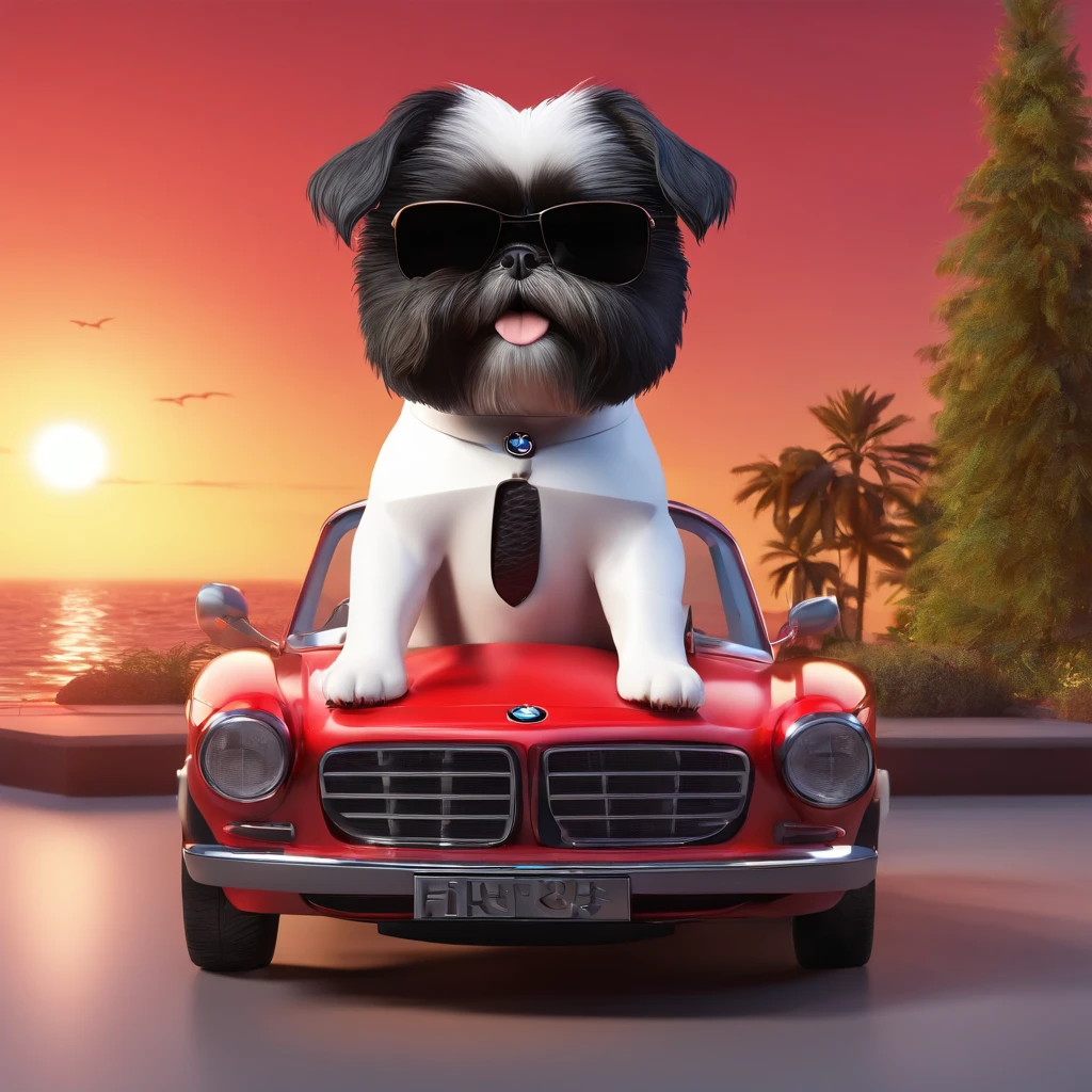 2 small adorable black shih tzus wearing red sunglasses in a new BMW sunset in background