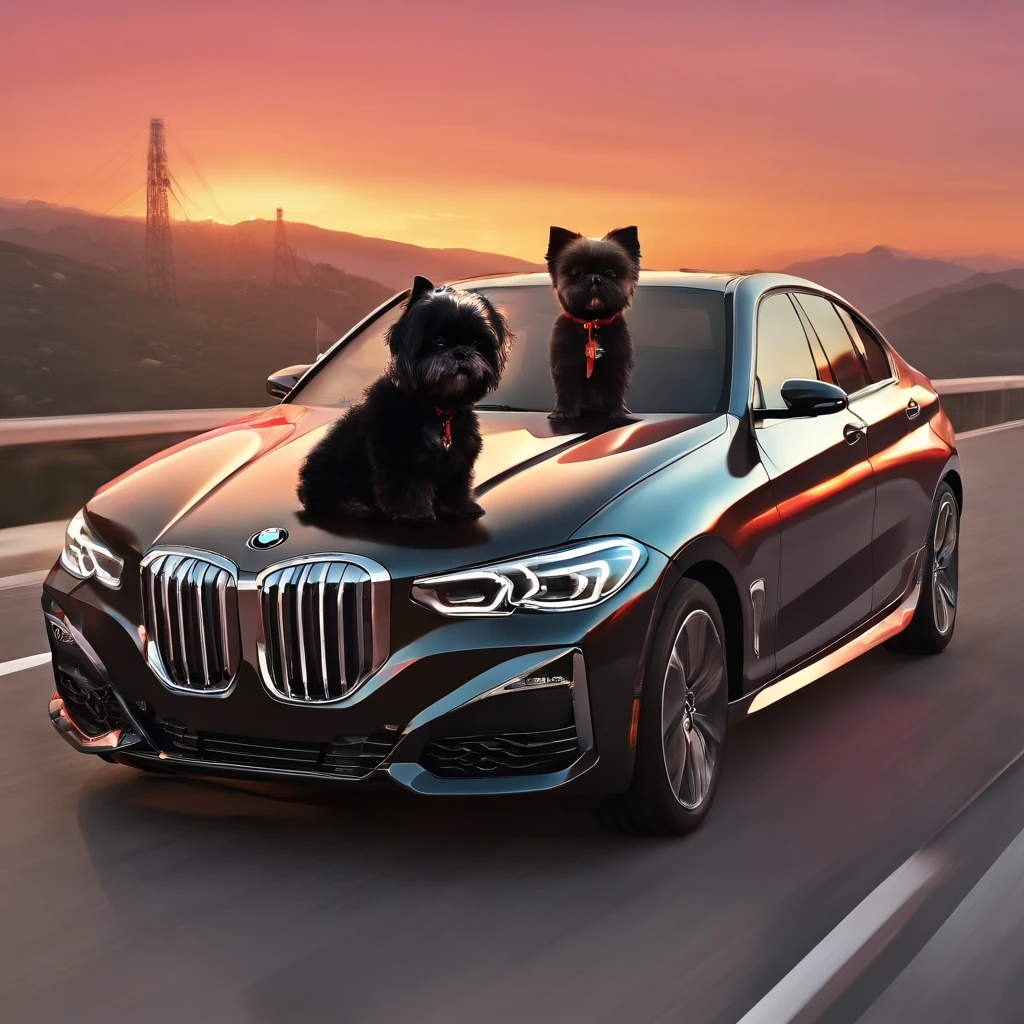 2 small adorable black shih tzus wearing red sunglasses in a new BMW sunset in background