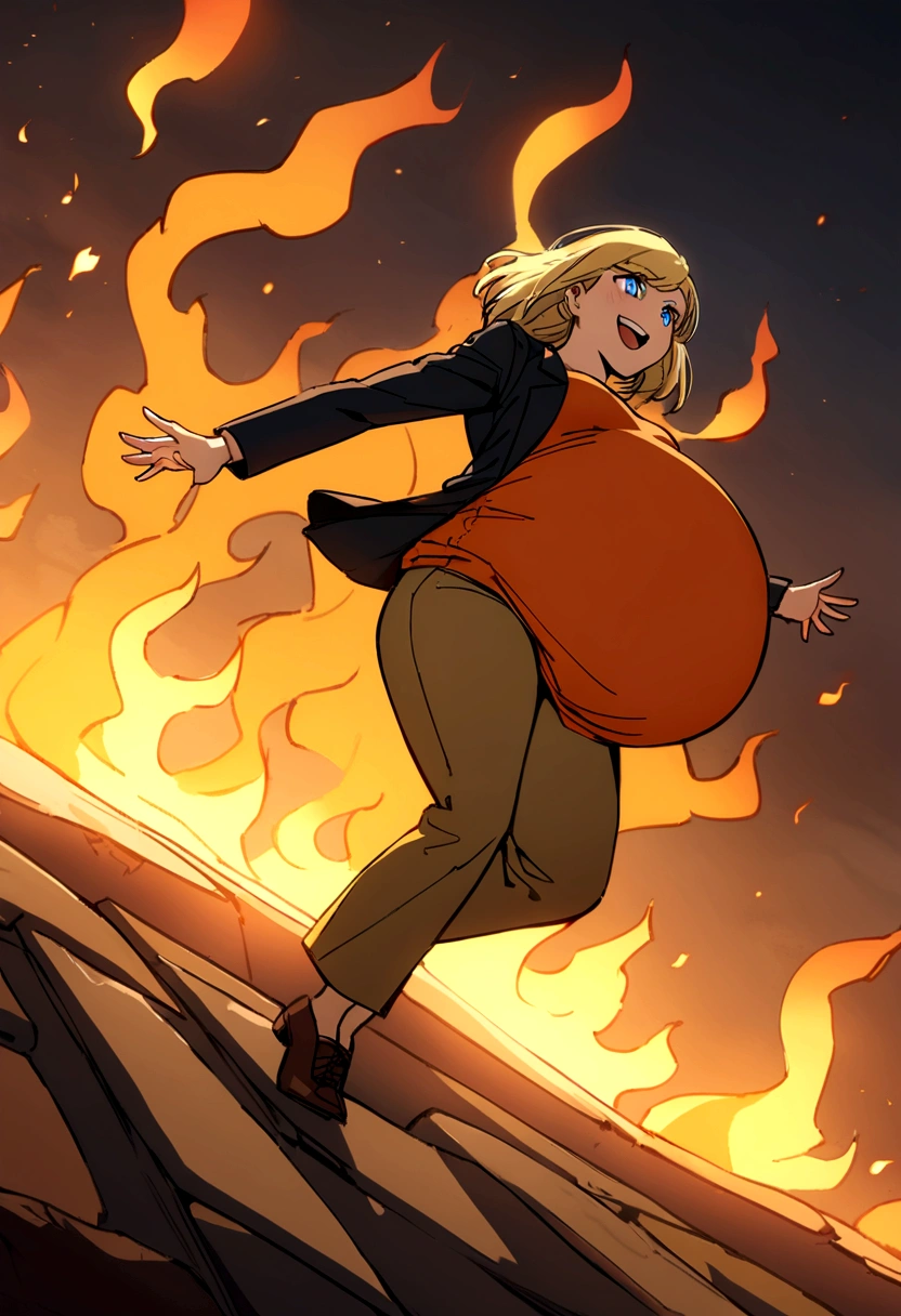 pregnant badass girl with long short blonde hair, blue eyes, orange shirt, black blazer, dark yellow pants, brown shoes, happy, with flames